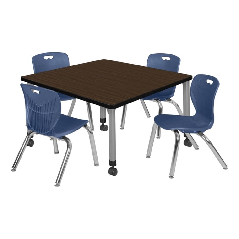 36" Square Mobile Table with 4 Navy Blue Stackable Chairs O848967