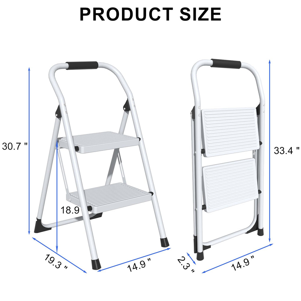 2 Step Ladder Lightweight Folding Step Stool with Handrail White C296