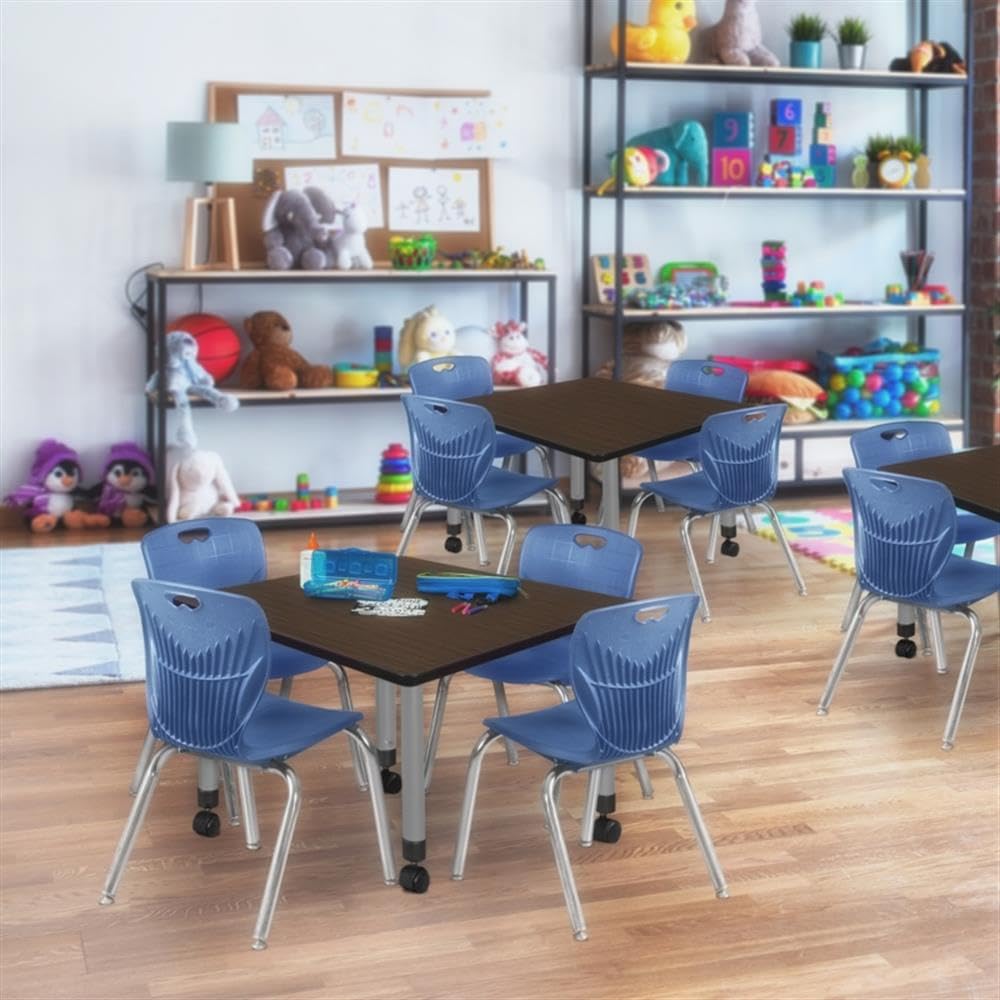 36" Square Mobile Table with 4 Navy Blue Stackable Chairs O848967