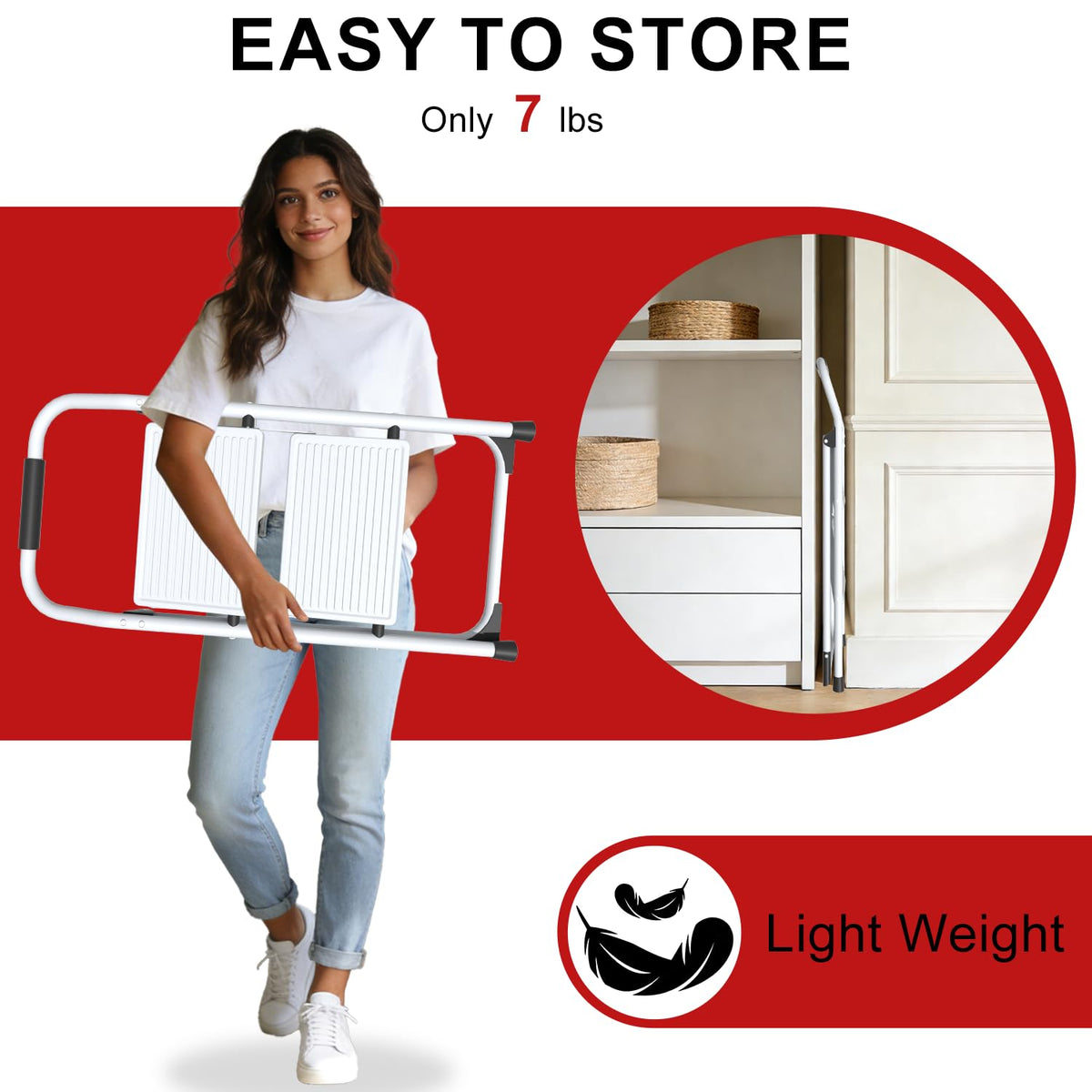 2 Step Ladder Lightweight Folding Step Stool with Handrail White C296