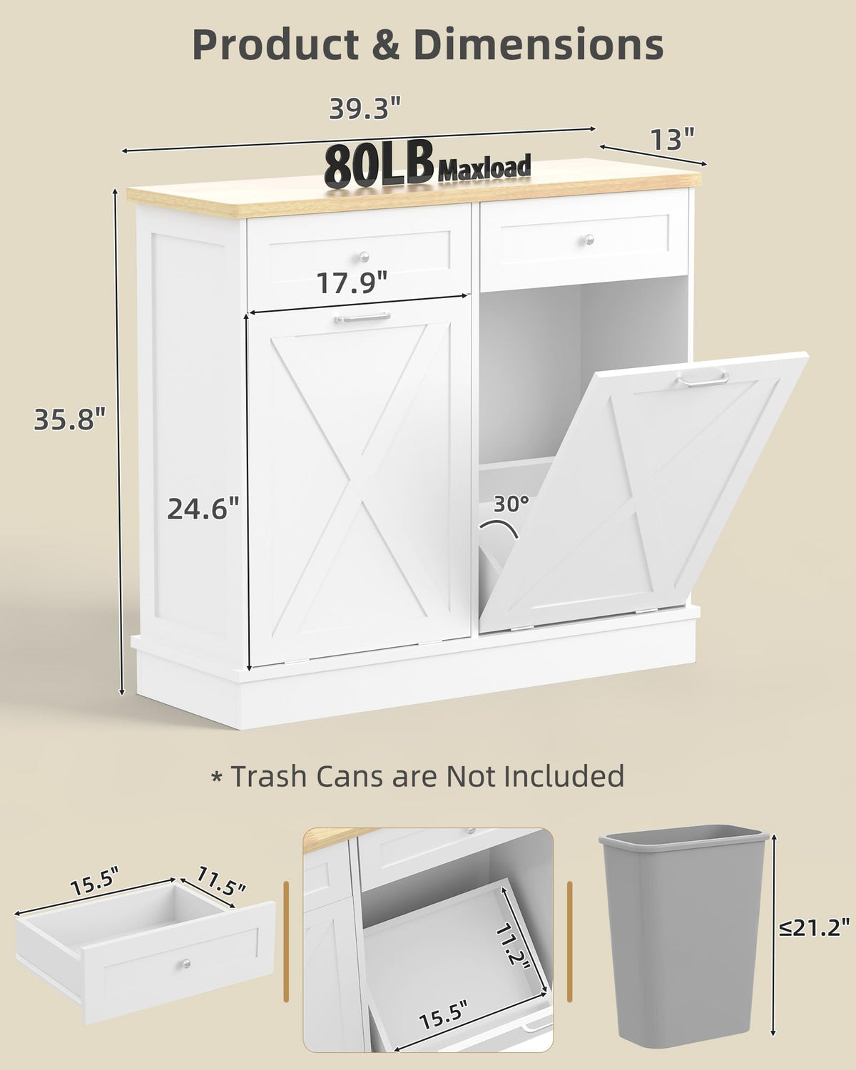 2x10 Gallon Tilt Out Trash Cabinet with Hideaway Drawers, White H7336