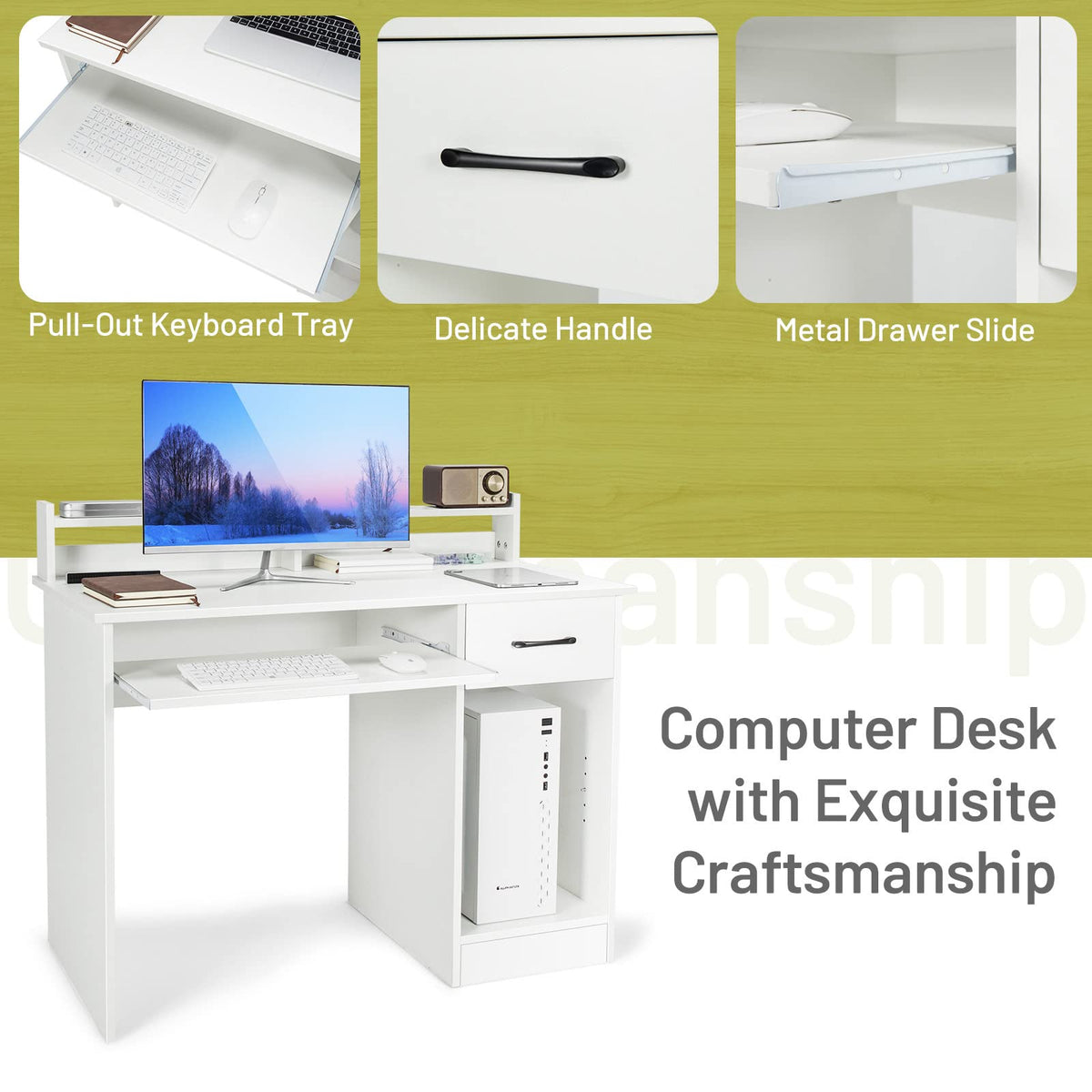 White Desk with Drawer and Keyboard Tray H48768
