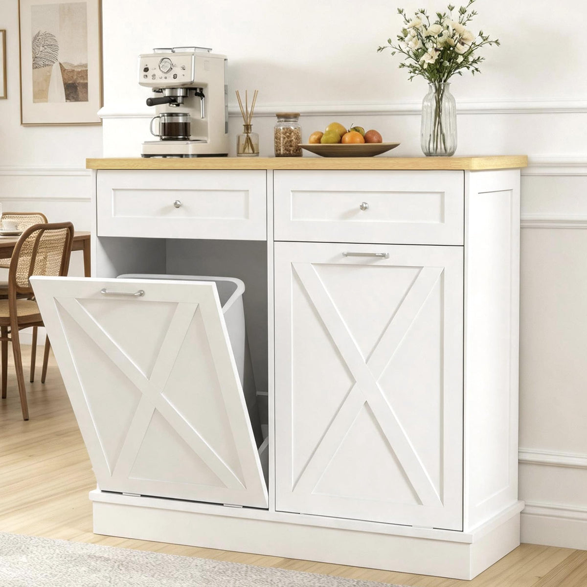 2x10 Gallon Tilt Out Trash Cabinet with Hideaway Drawers, White H7336