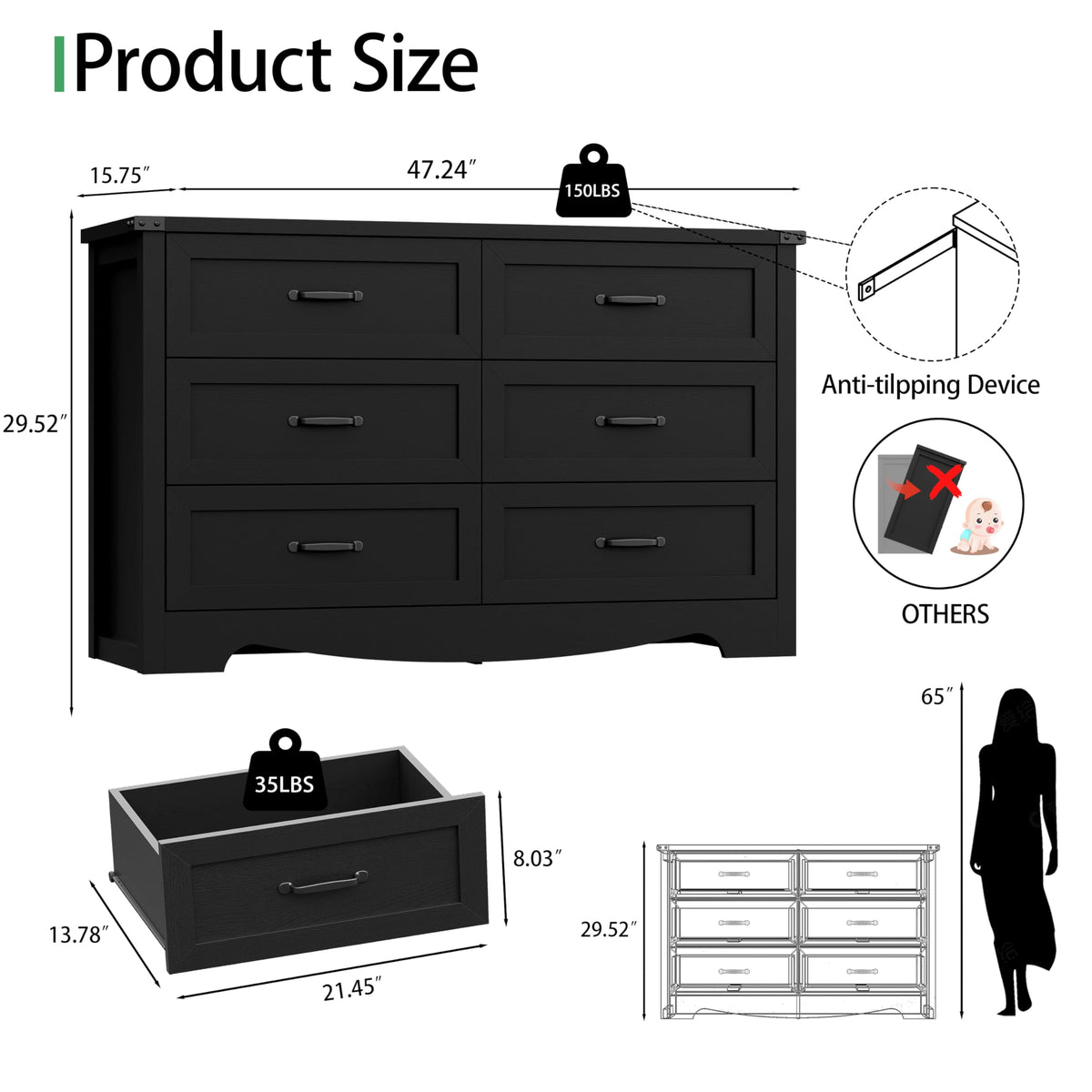 Black 6 Drawer Wood Dresser L7856