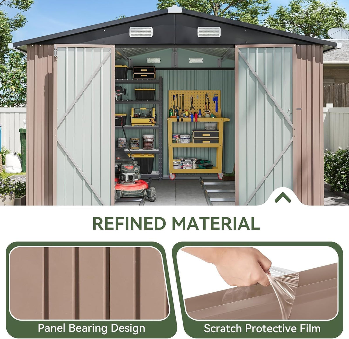 10x12 FT Galvanized Steel Outdoor Storage Shed with Base, Brown C100
