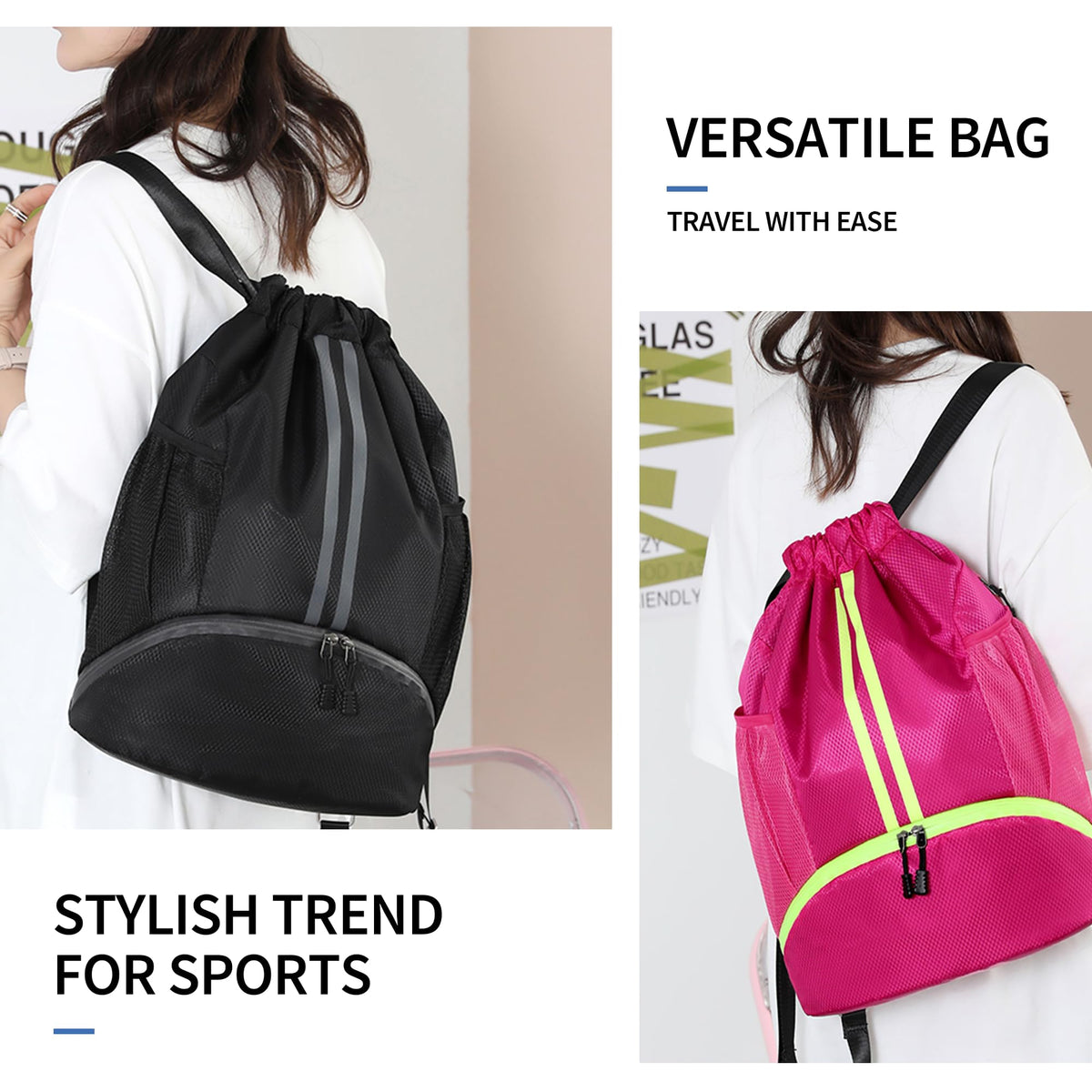 Drawstring Backpack Gym Bag with Shoes Compartment Q983361