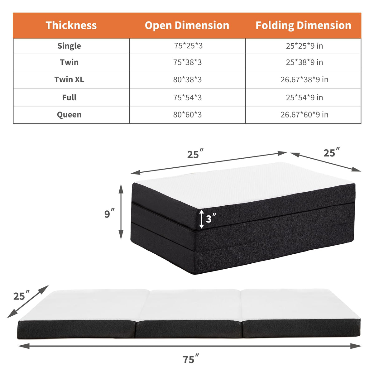 3 Inch Memory Foam Tri-fold Mattress B64290