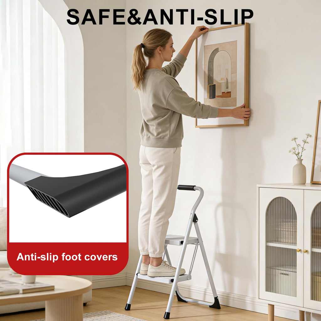 2 Step Ladder Lightweight Folding Step Stool with Handrail White C296