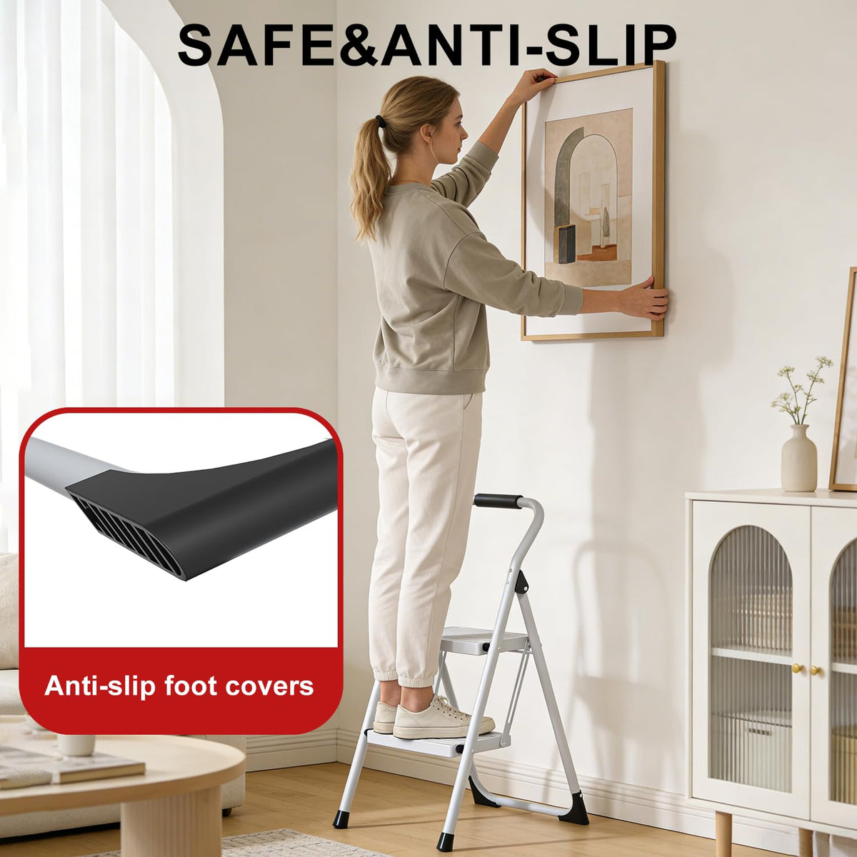 2 Step Ladder Lightweight Folding Step Stool with Handrail White C296