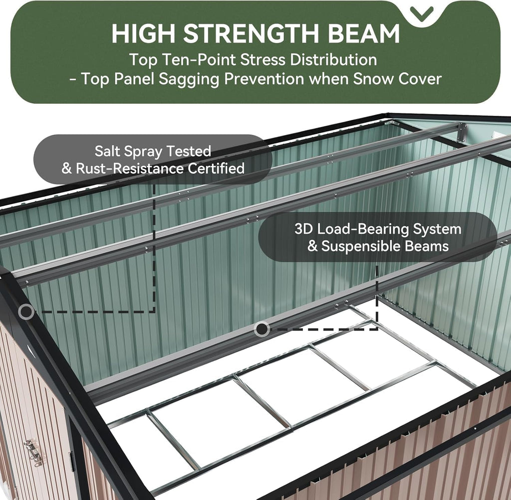 10x12 FT Galvanized Steel Outdoor Storage Shed with Base, Brown C100