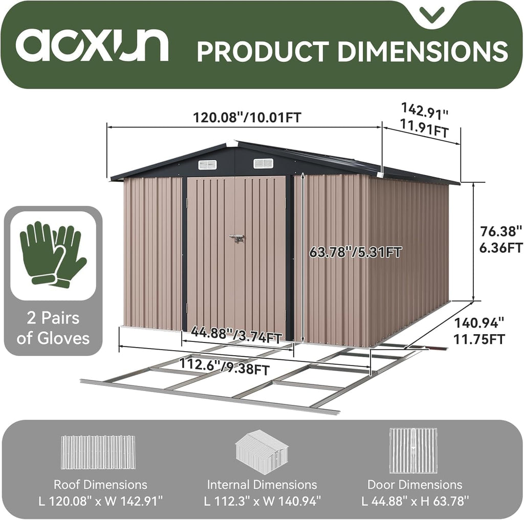 10x12 FT Galvanized Steel Outdoor Storage Shed with Base, Brown C100