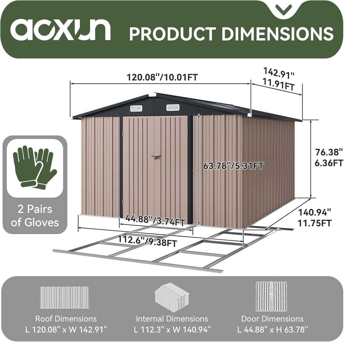 10x12 FT Galvanized Steel Outdoor Storage Shed with Base, Brown C100
