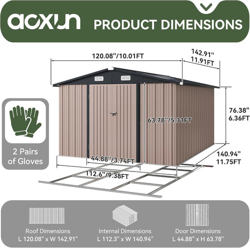 10x12 FT Galvanized Steel Outdoor Storage Shed with Base, Brown C100