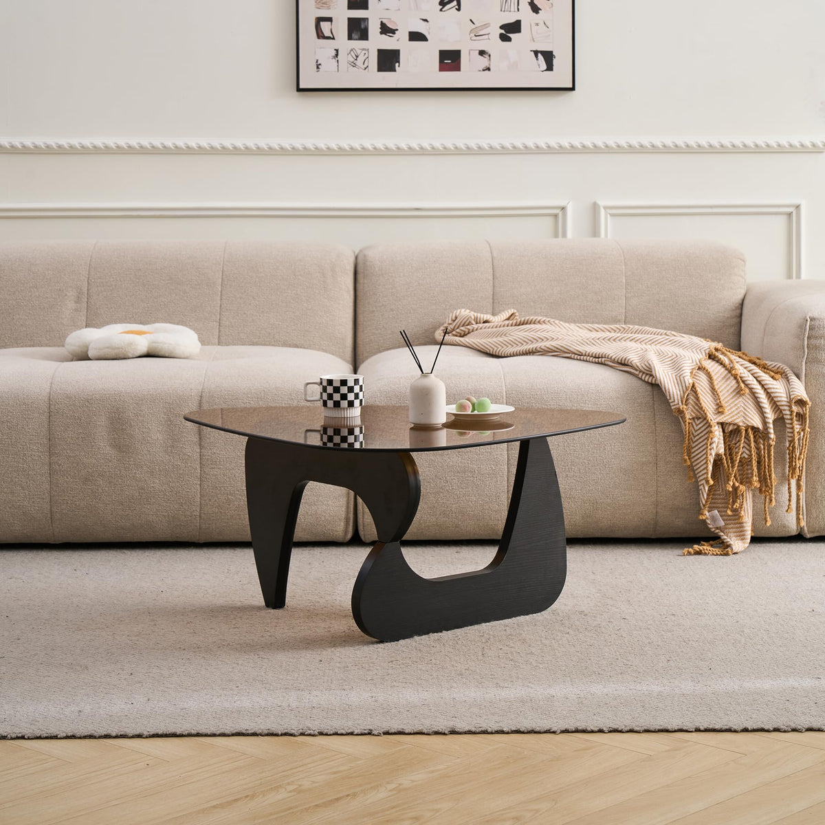 Brown Glass Coffee Table with Wood Base Z645908