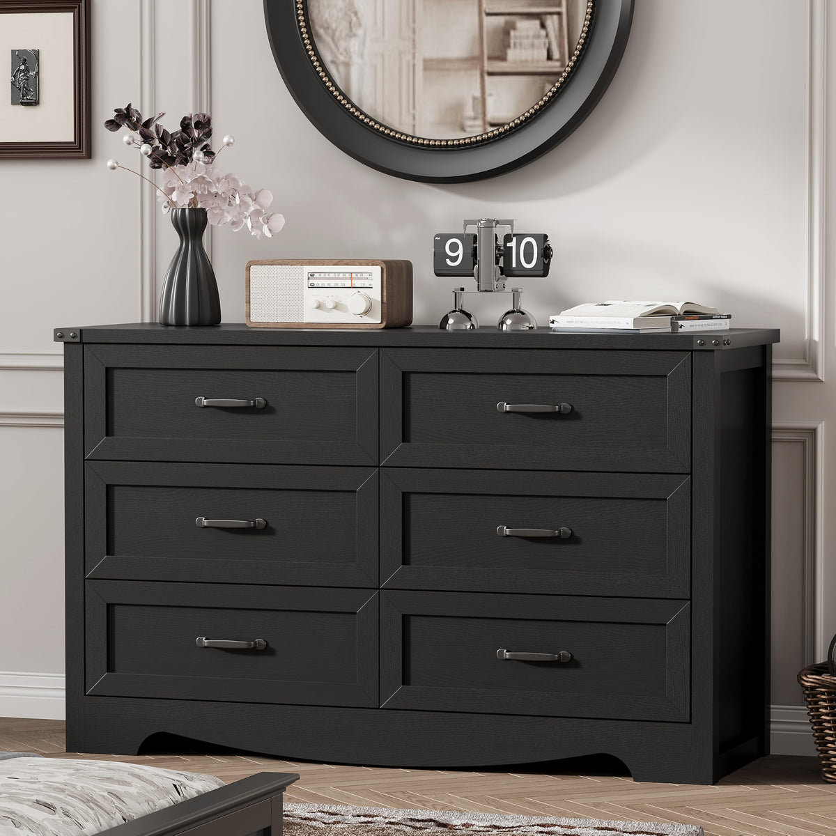 Black 6 Drawer Wood Dresser L7856