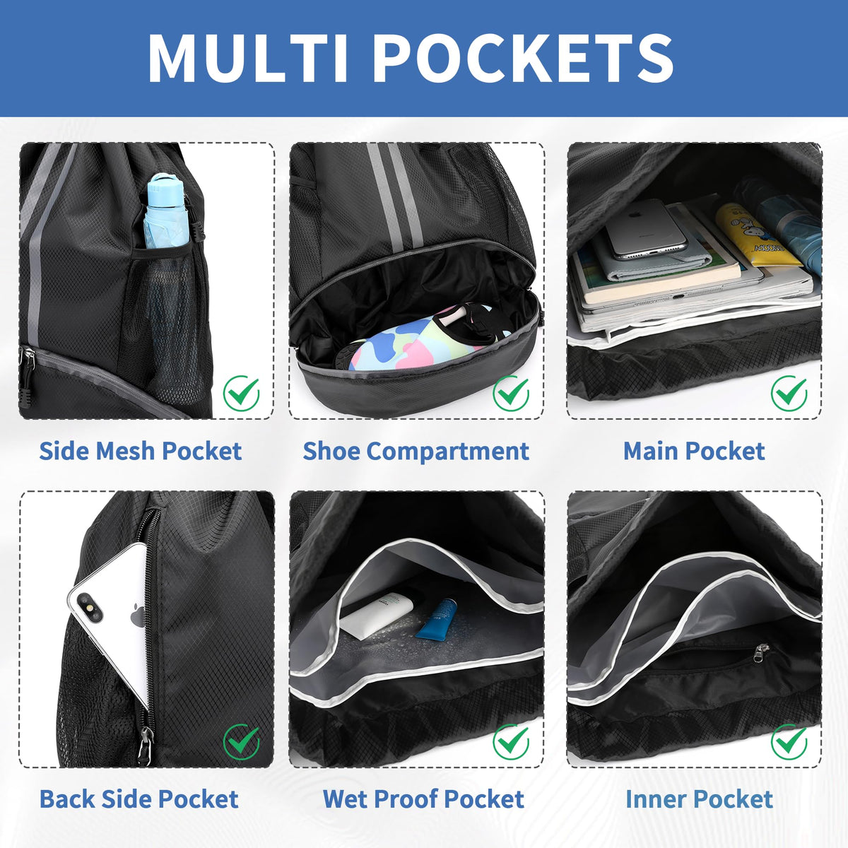 Drawstring Backpack Gym Bag with Shoes Compartment Q983361