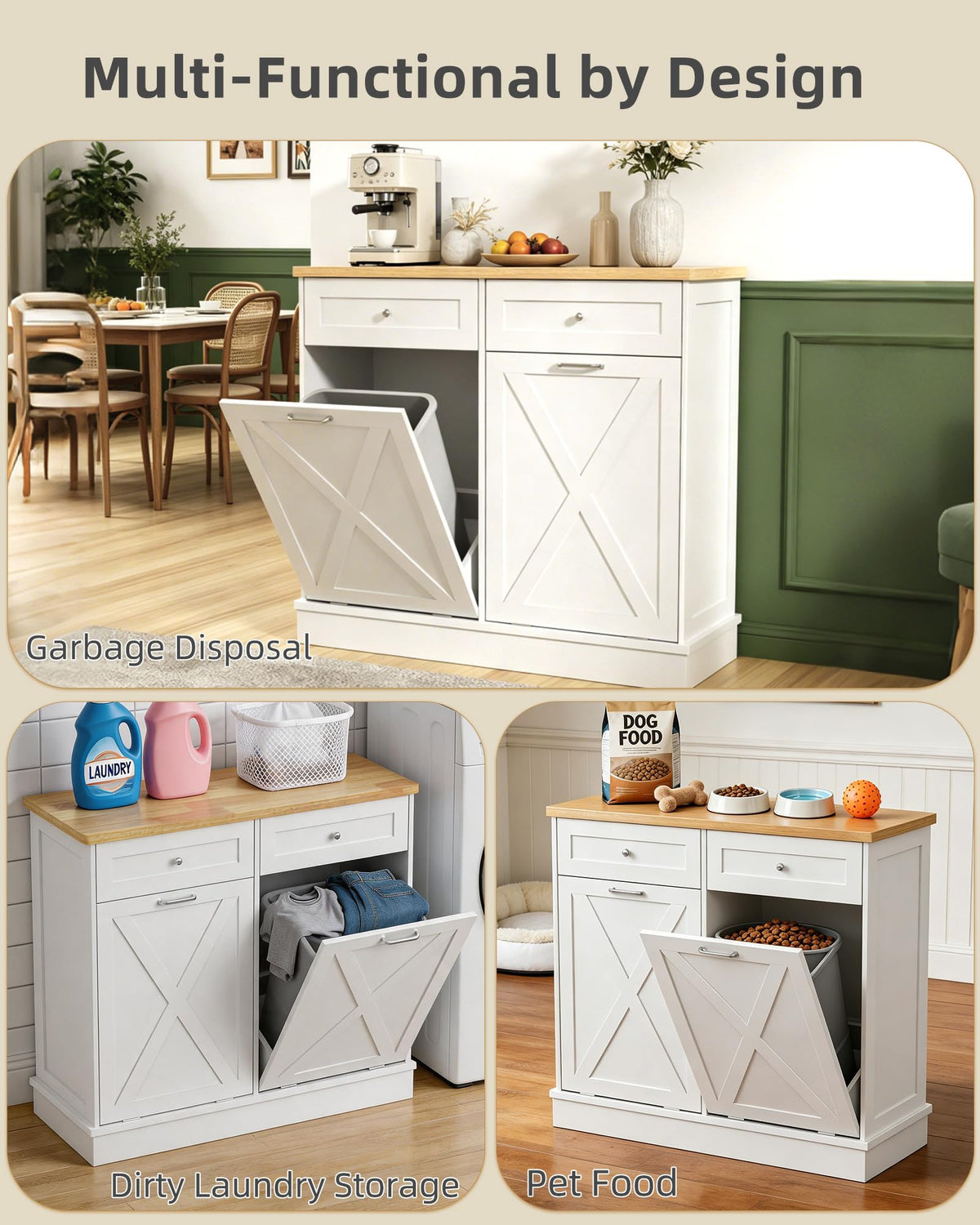 2x10 Gallon Tilt Out Trash Cabinet with Hideaway Drawers, White H7336