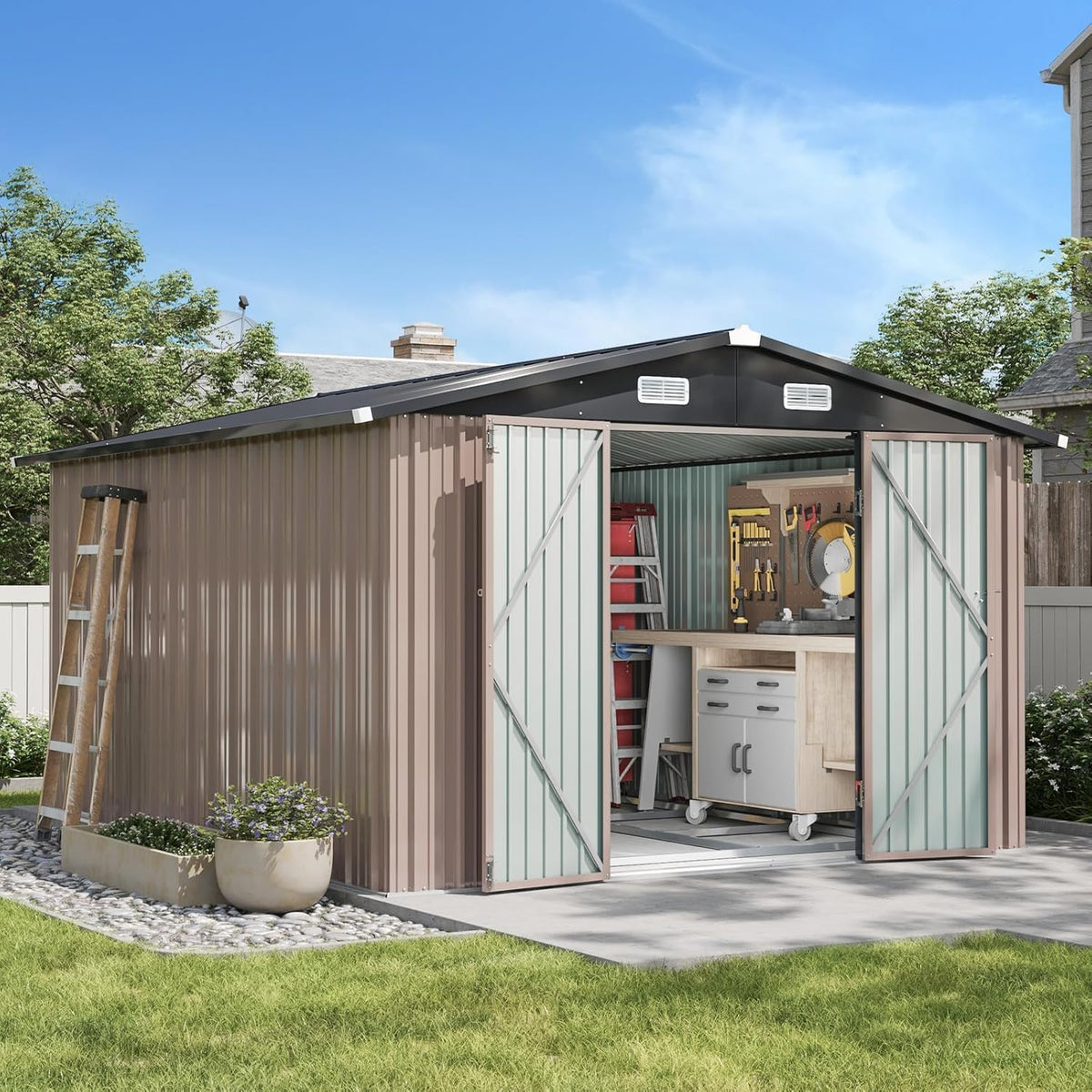 10x12 FT Galvanized Steel Outdoor Storage Shed with Base, Brown C100