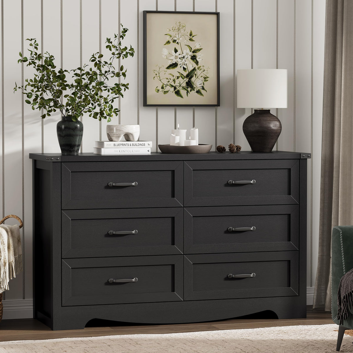 Black 6 Drawer Wood Dresser L7856