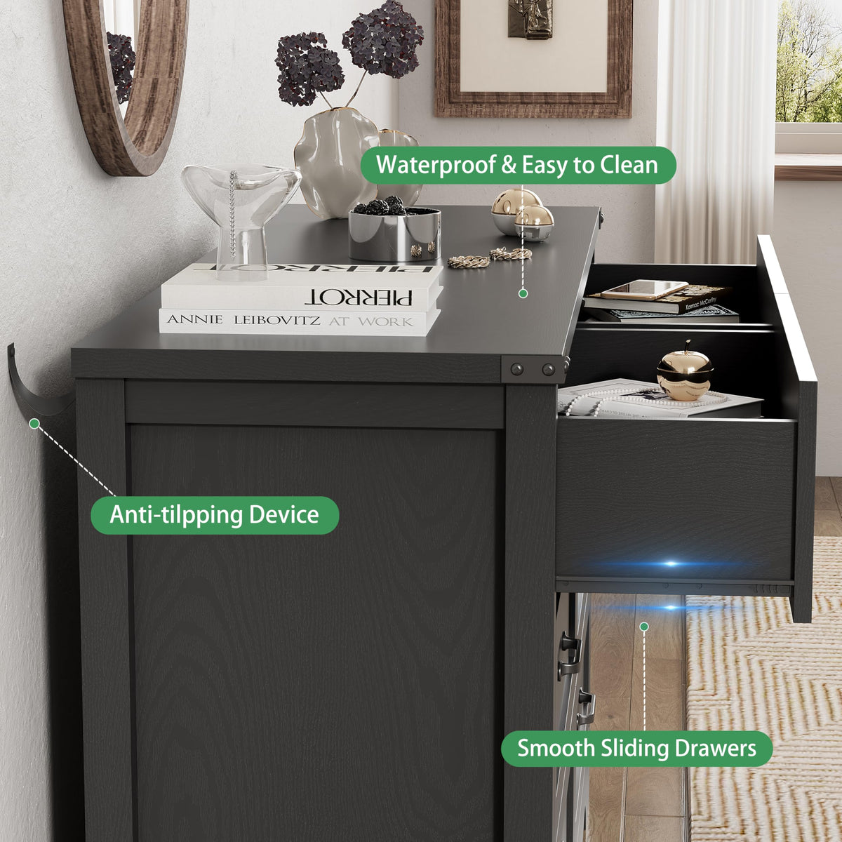 Black 6 Drawer Wood Dresser L7856