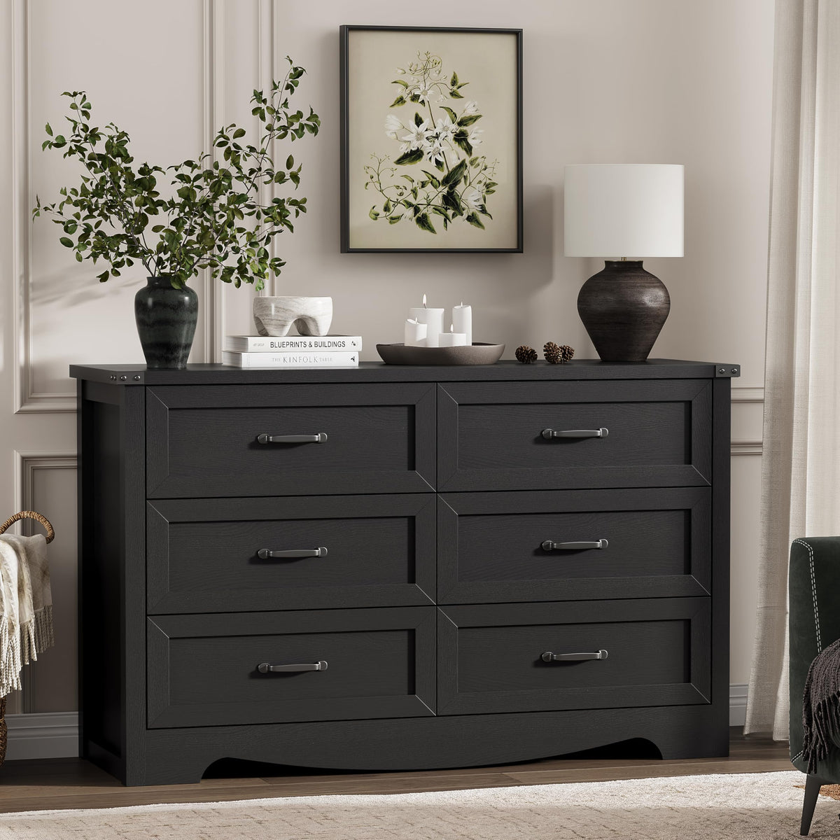 Black 6 Drawer Wood Dresser L7856